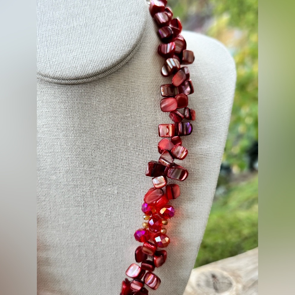Bold Red Shell & Crystal Beaded Statement Necklace - image 3